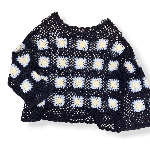 Women’s Sweater Crochet Open Navy Floral Granny Square Long Sleeve Boho Cottage - Picture 9 of 12